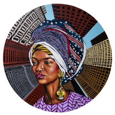 KomiOlafAcrosstheBorder A circular artwork featuring a person wearing a large, patterned headwrap with bold designs, including stars and stripes, layered with purple and white geometric patterns. The figure has ornate, gold-toned earrings with intricate detailing of George Floyd portrait. The background consists of a dynamic, radiating cityscape of tall buildings in varying shades of brown, red, and yellow, creating a sense of depth and perspective. The overall composition combines vibrant colors and striking architectural elements for a visually impactful piece.