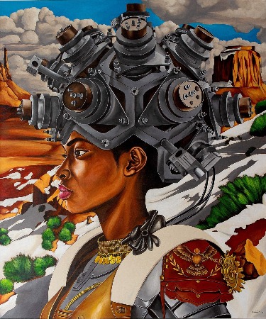 KomiOlafBinta A painting depicting a figure adorned with elaborate mechanical headgear resembling industrial machinery, featuring multiple cylindrical components and gears arranged symmetrically. The person wears ornate jewelry, including a gold necklace and decorative armor-like clothing with intricate patterns and a red emblem. The background shows a dramatic desert landscape with towering red rock formations, green shrubs, and patches of snow under a vivid blue sky filled with billowing clouds. The artwork combines elements of futuristic technology and traditional adornment in a striking, imaginative composition.