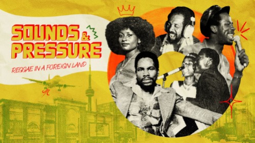 Graphic with several musicians and yellow and orange background with text Sounds and Pressure