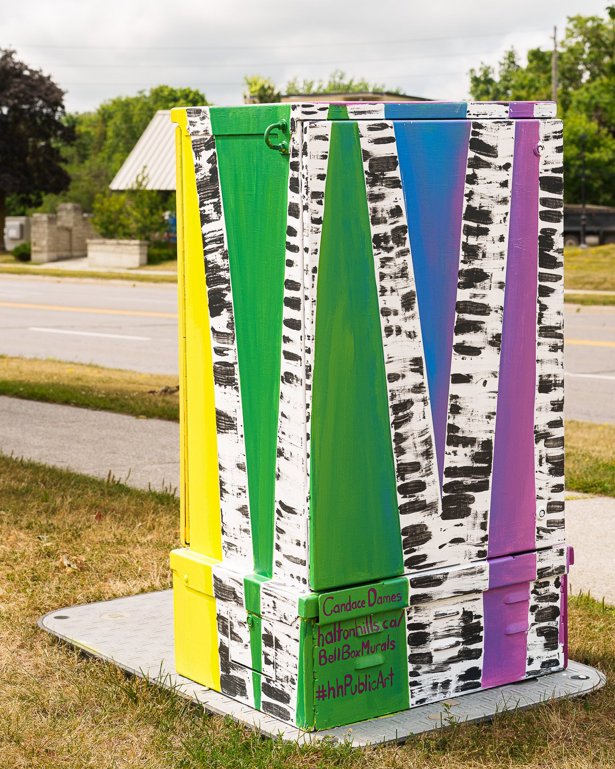 CandaceDamesBellBoxSide A painted utility box features a colorful design with vertical stripes resembling birch trees. The background transitions through shades of green, blue, purple, pink, and red.