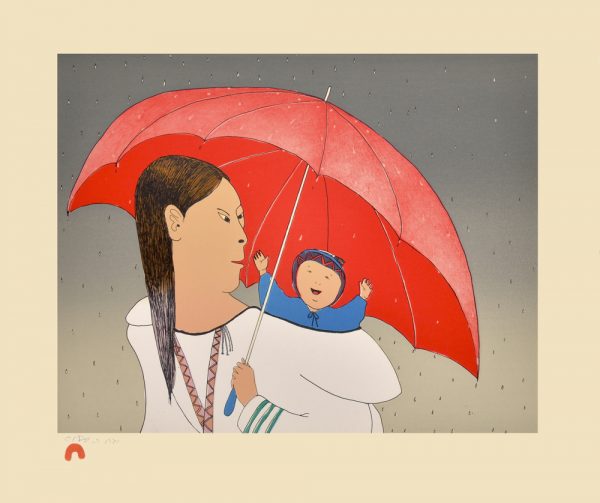 Indigenous Artwork of Mother and Baby with Red Umbrella