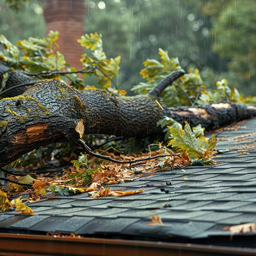 Tree trunk fallen on top of roof