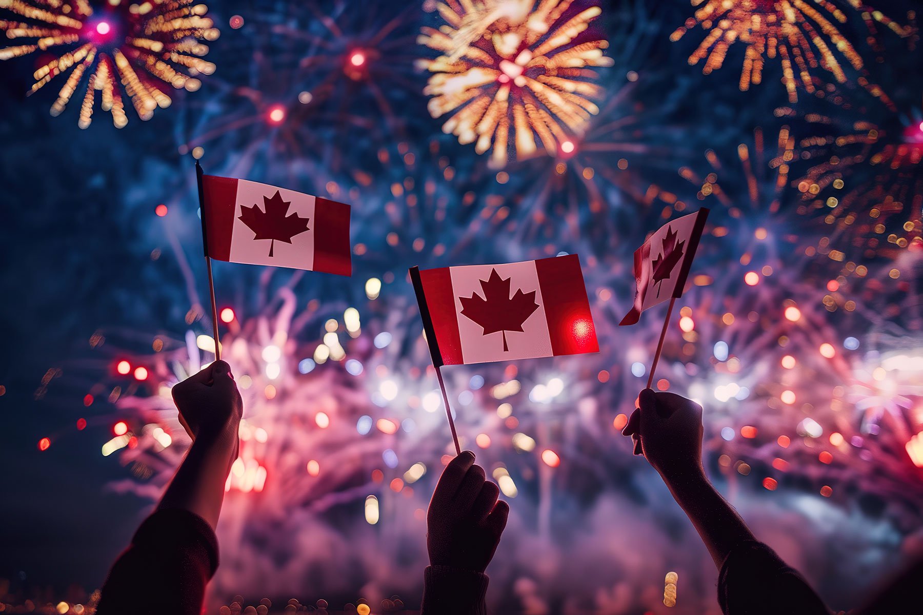 Crowd watching fireworks with three people holding Canada flags in front of them