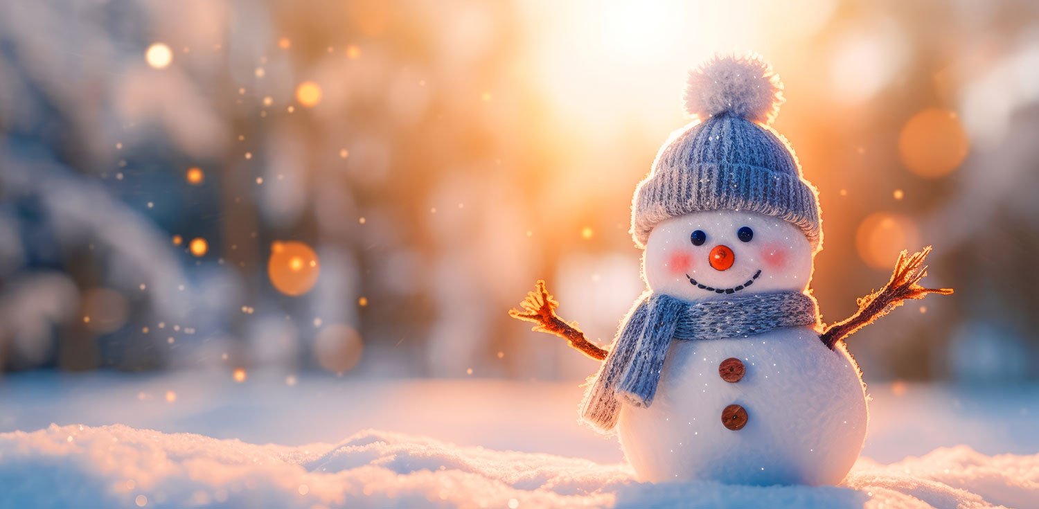 Snowman smiling wearing a wool hat and scarf, on snowy snow snowscape during golden hour